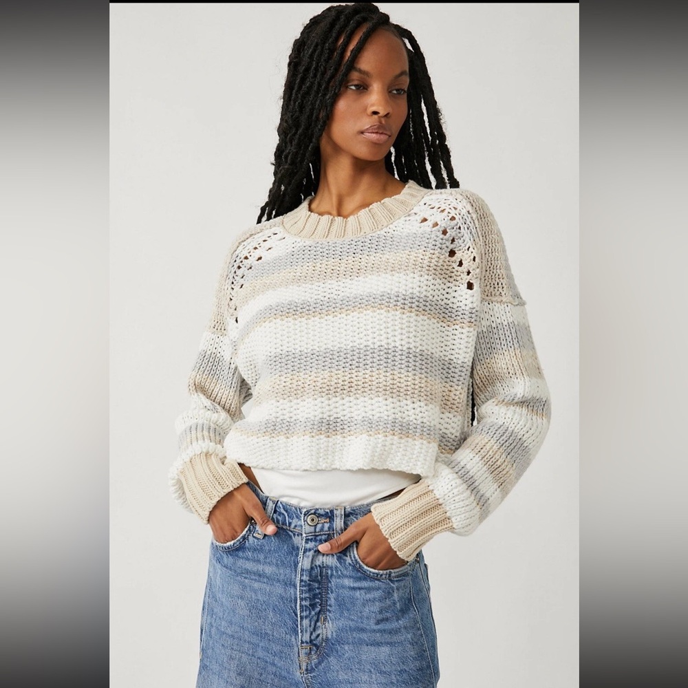 NWOT Free People Devon Open Weave Knit Striped Sweater Gray White Tan Size S